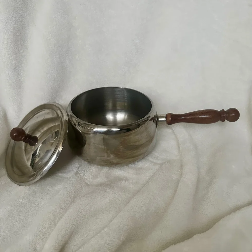 Vintage Mid Century Stainless Steel Fondue Sauce‎ Pot Wood Handle Lid